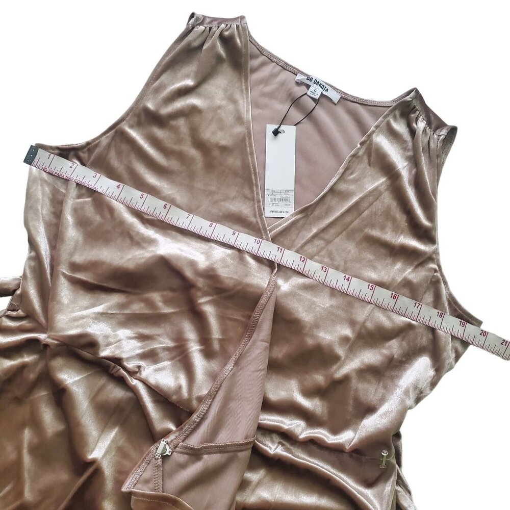 Bb Dakota women mini dress Size Large sleeveless Pale Gold Wrap Ruffle Velvet - Picture 7 of 16